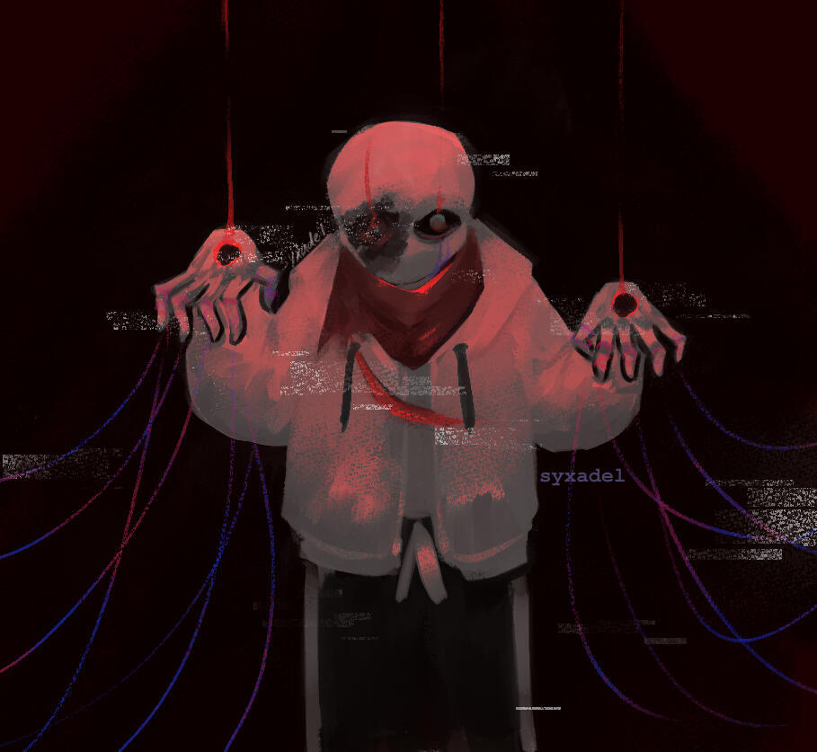 Geno, hung by red strings from the circular holes in his hands.